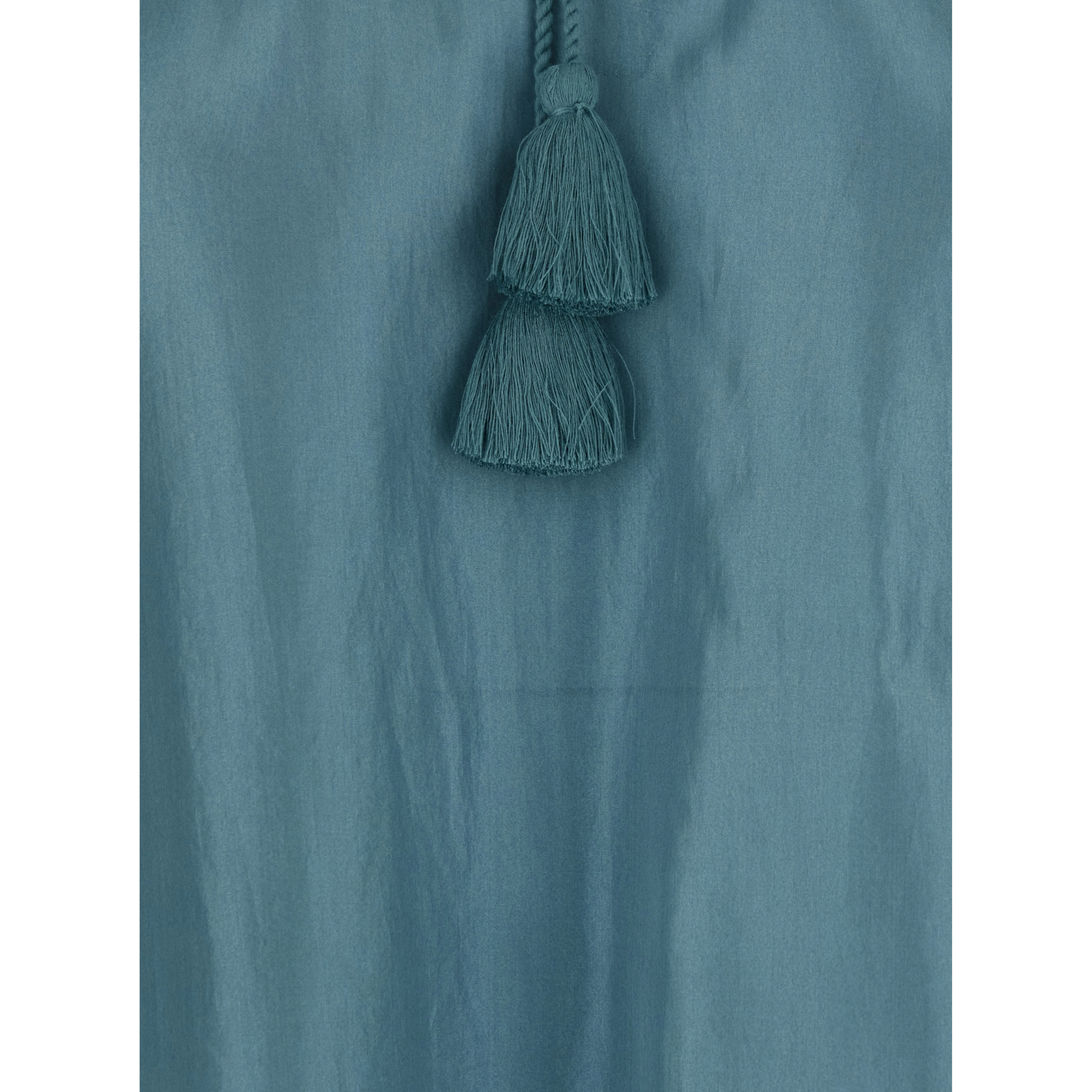 Veronica Blue Short Caftan with Adjustable Knot at the Neck and All-Over Marine Embroidery in Linen Woman