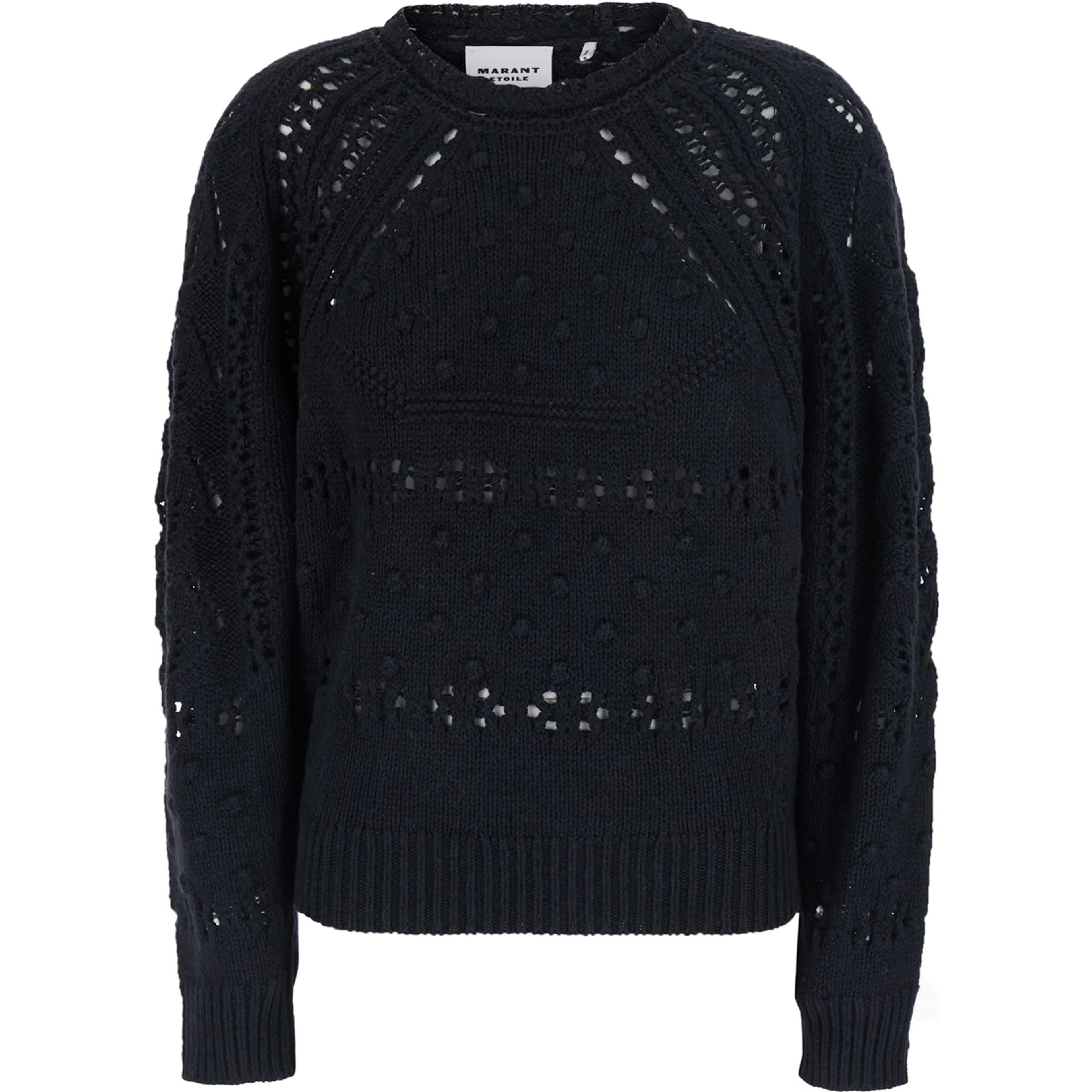 Luce Black Crew Neck Sweater with Perforated Design in Wool for Women
