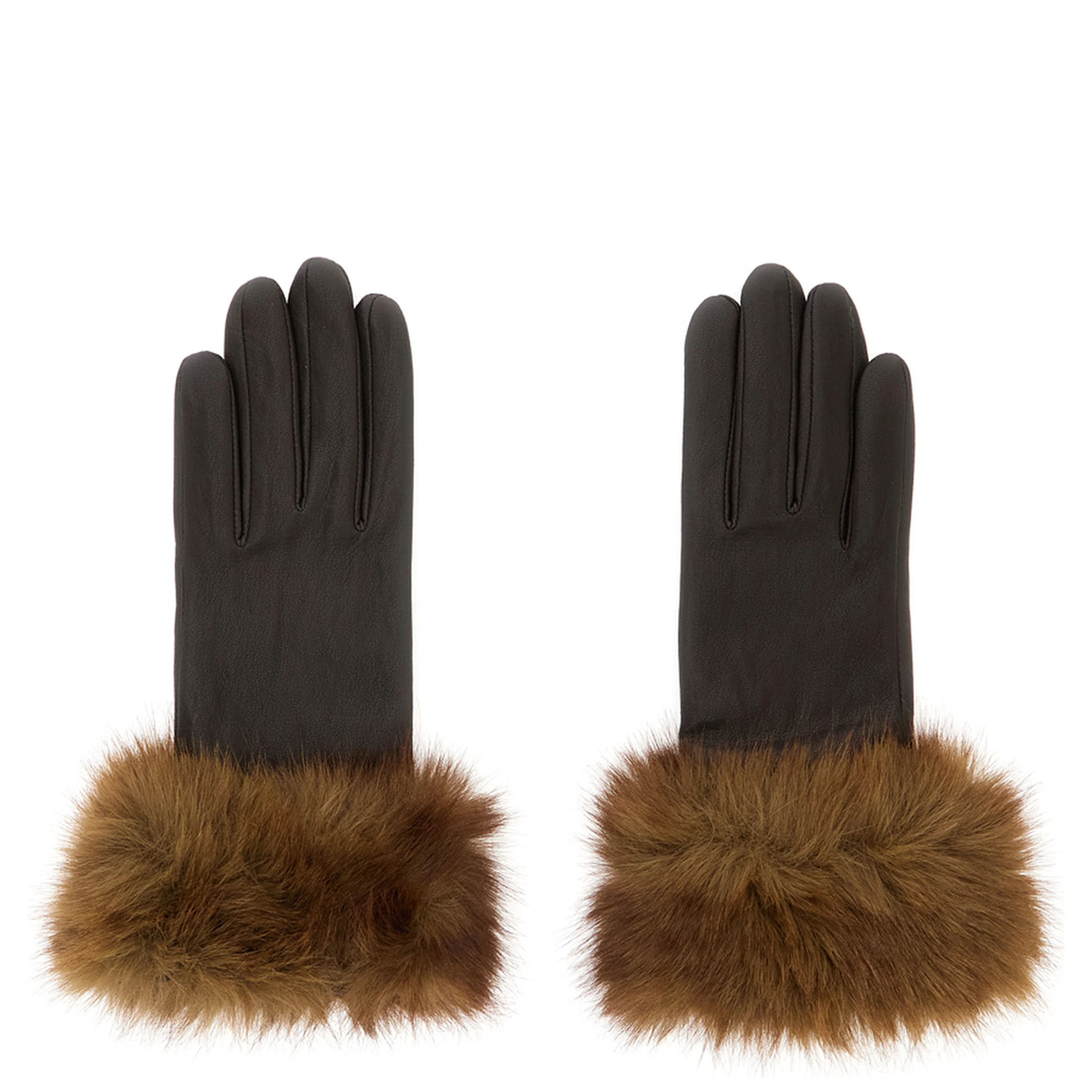 Betty Brown gloves with eco-fur cuffs in eco-leather for women