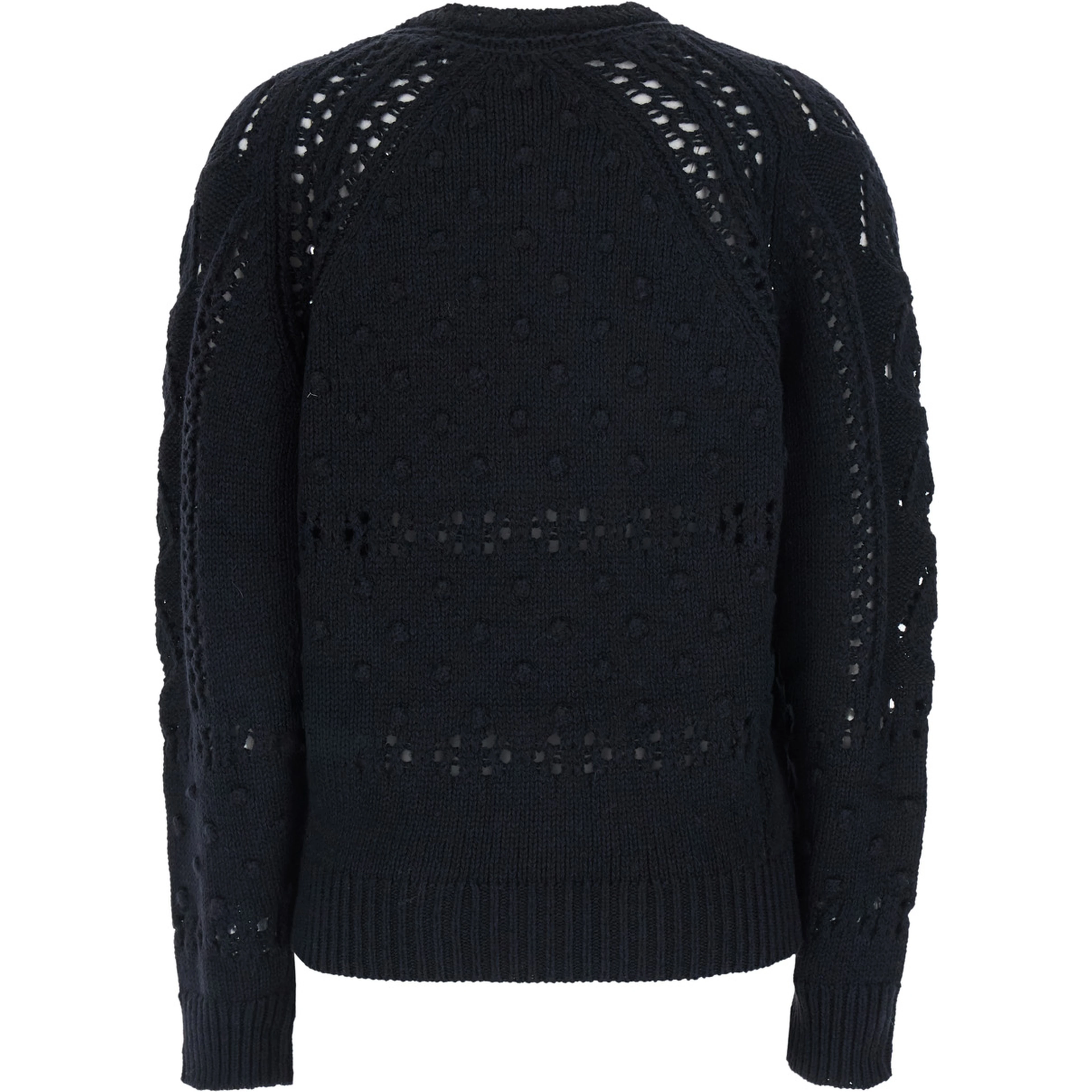 Luce Black Crew Neck Sweater with Perforated Design in Wool for Women