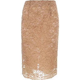 Beige Pencil Skirt with All-Over Lace Embroidery in Fabric for Women