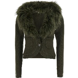 Cardigan with removable fox fur collar and green wool and cashmere for men