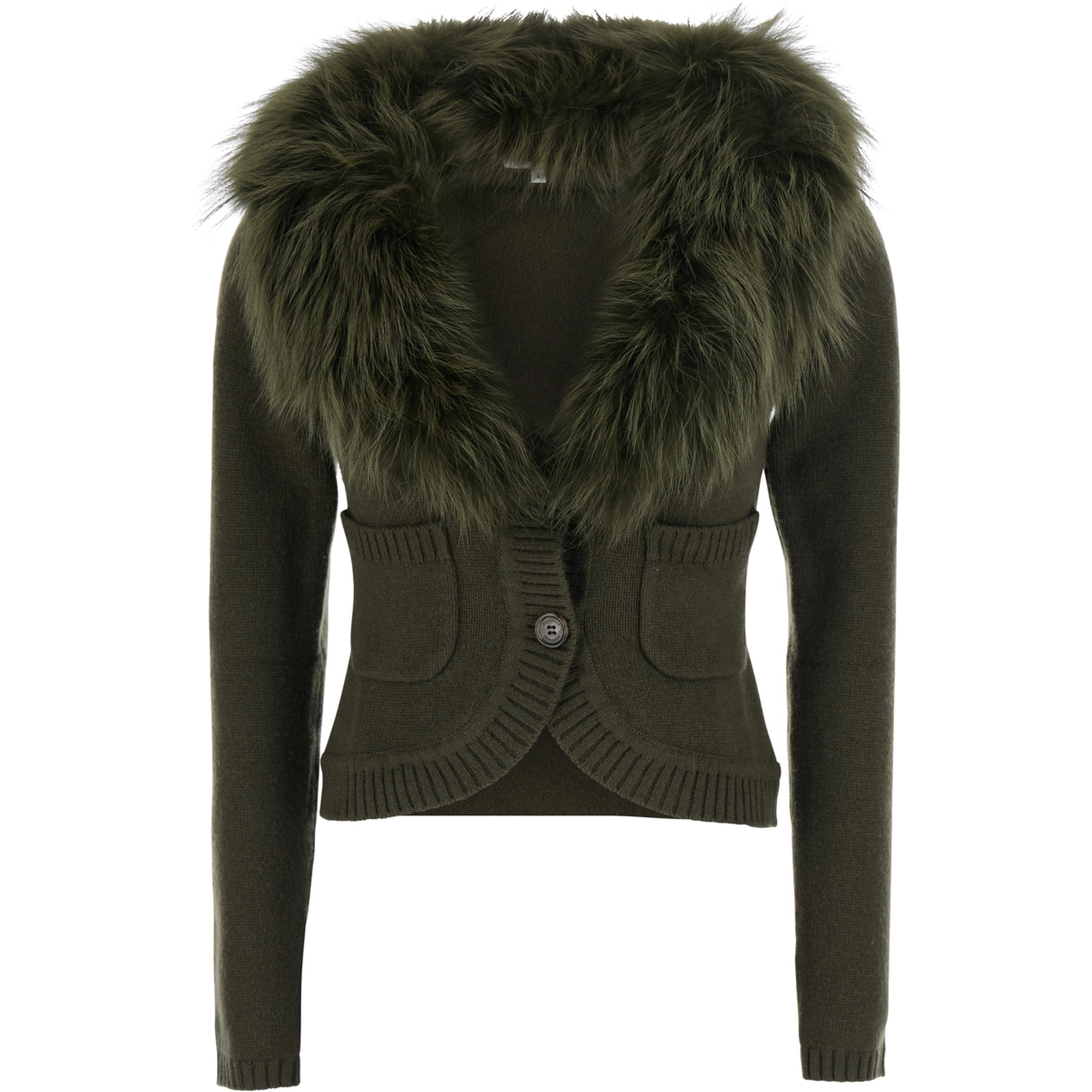 Cardigan with removable fox fur collar and green wool and cashmere for men