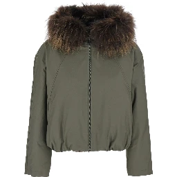 green jacket with Hooded fur and reversible design in fabric for women