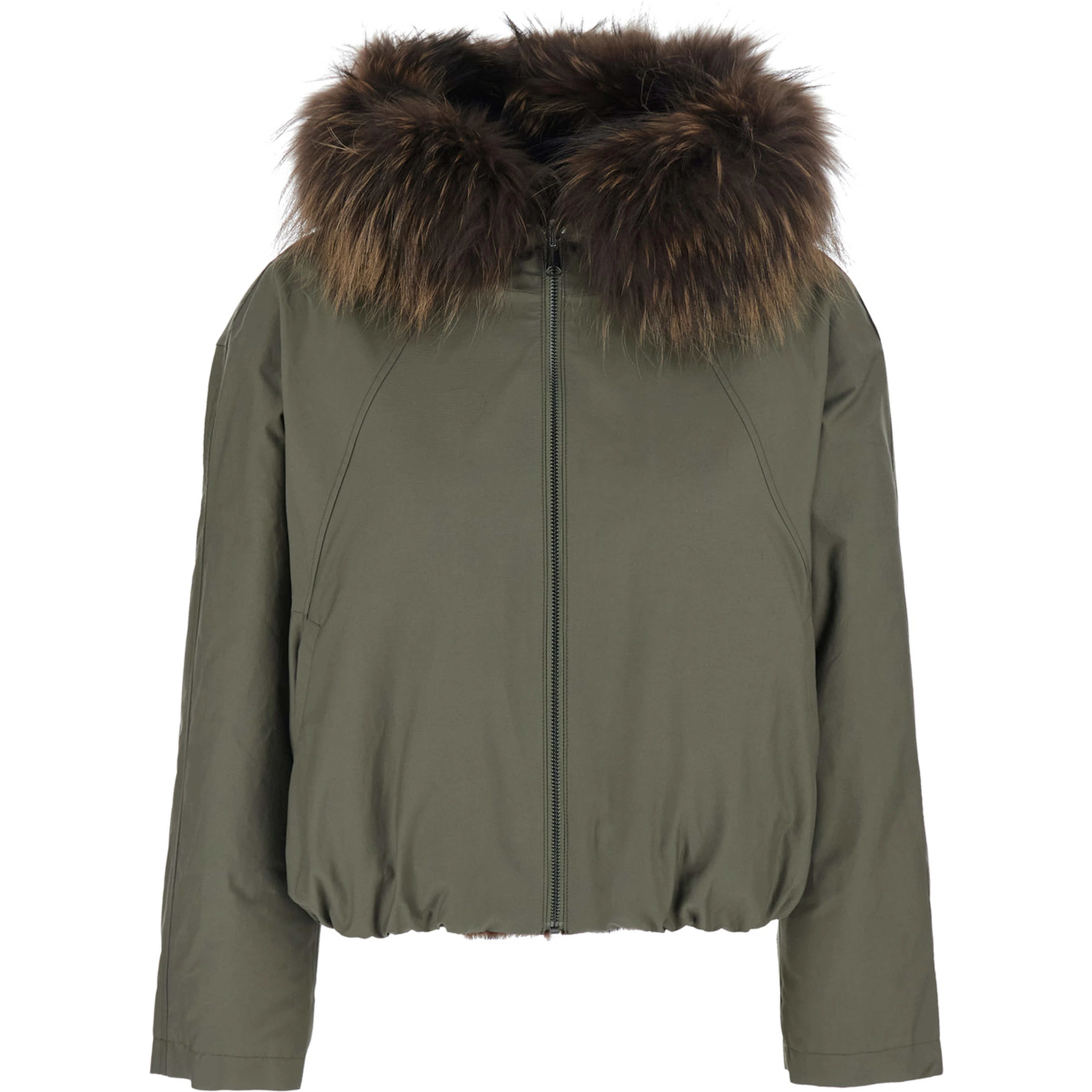 green jacket with Hooded fur and reversible design in fabric for women