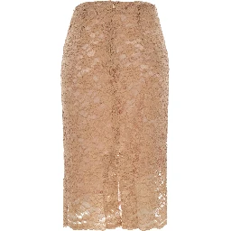Beige Pencil Skirt with All-Over Lace Embroidery in Fabric for Women