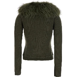 Cardigan with removable fox fur collar and green wool and cashmere for men
