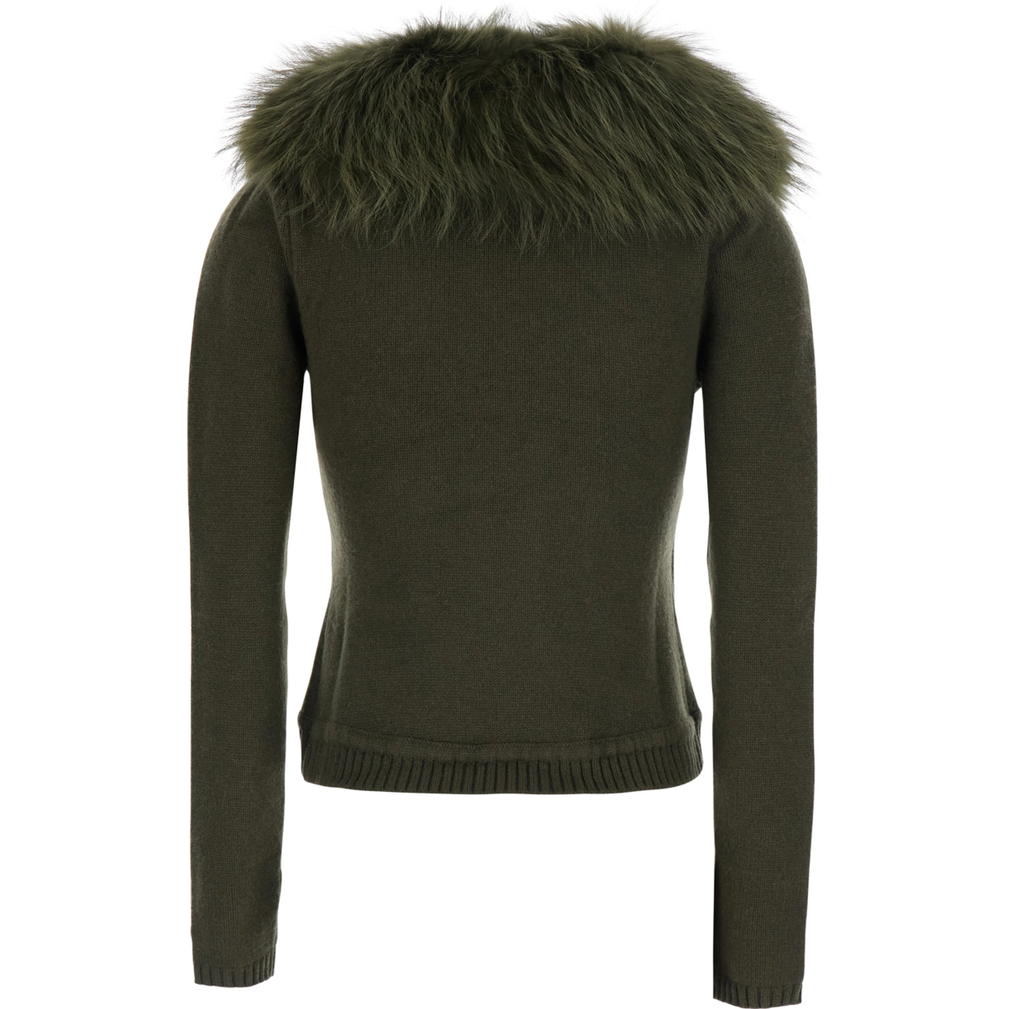 Cardigan with removable fox fur collar and green wool and cashmere for men