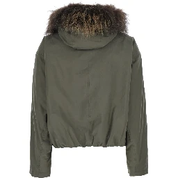 green jacket with Hooded fur and reversible design in fabric for women