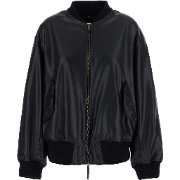 Black Bomber Jacket with Elasticized Hems in Ecoleather for Women
