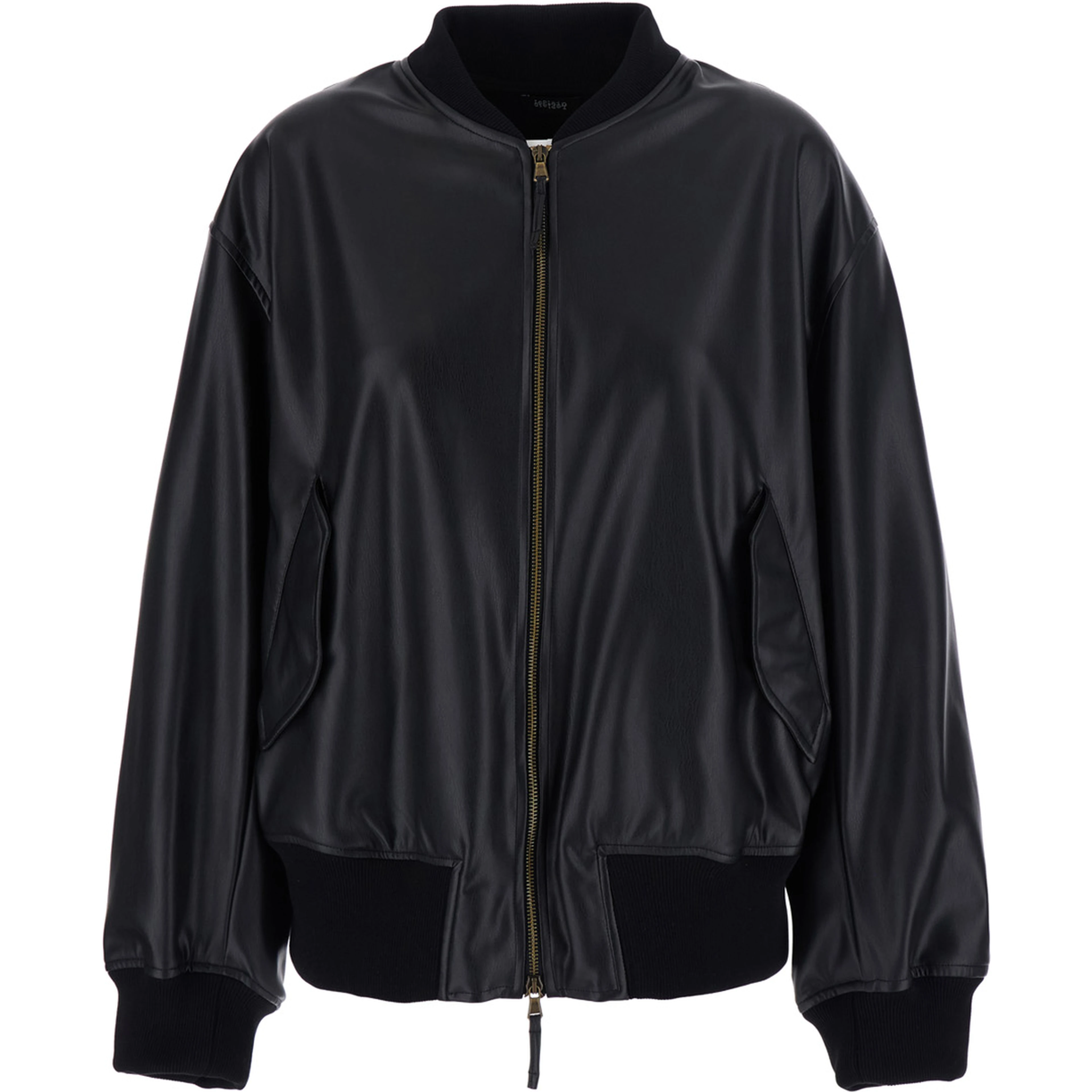 Black Bomber Jacket with Elasticized Hems in Ecoleather for Women