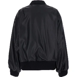 Black Bomber Jacket with Elasticized Hems in Ecoleather for Women