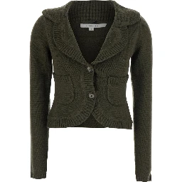 Cardigan with removable fox fur collar and green wool and cashmere for men