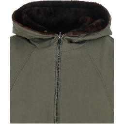 green jacket with Hooded fur and reversible design in fabric for women