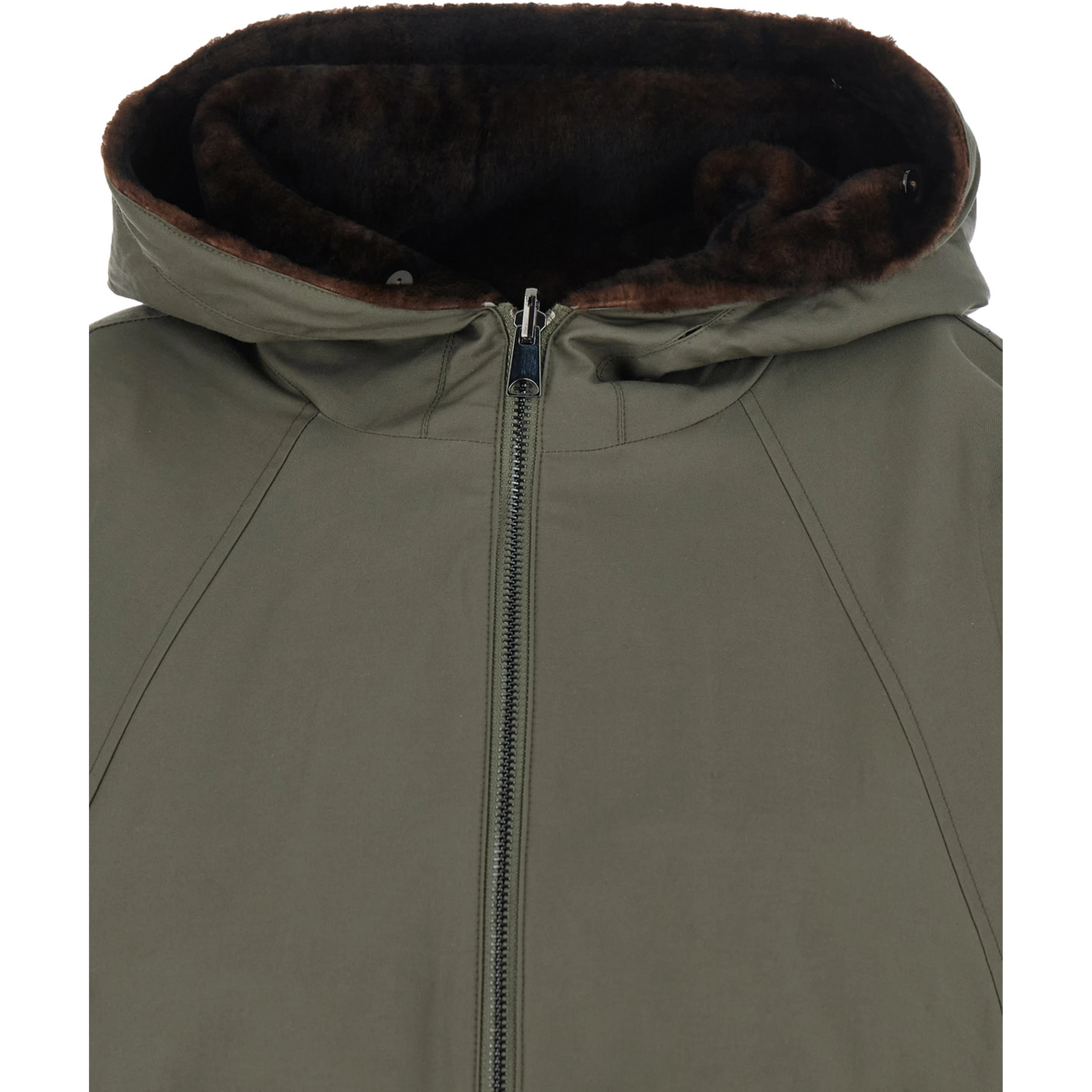 green jacket with Hooded fur and reversible design in fabric for women