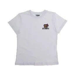 White Cotton Crew Neck T-Shirt with Front Logo for Girls