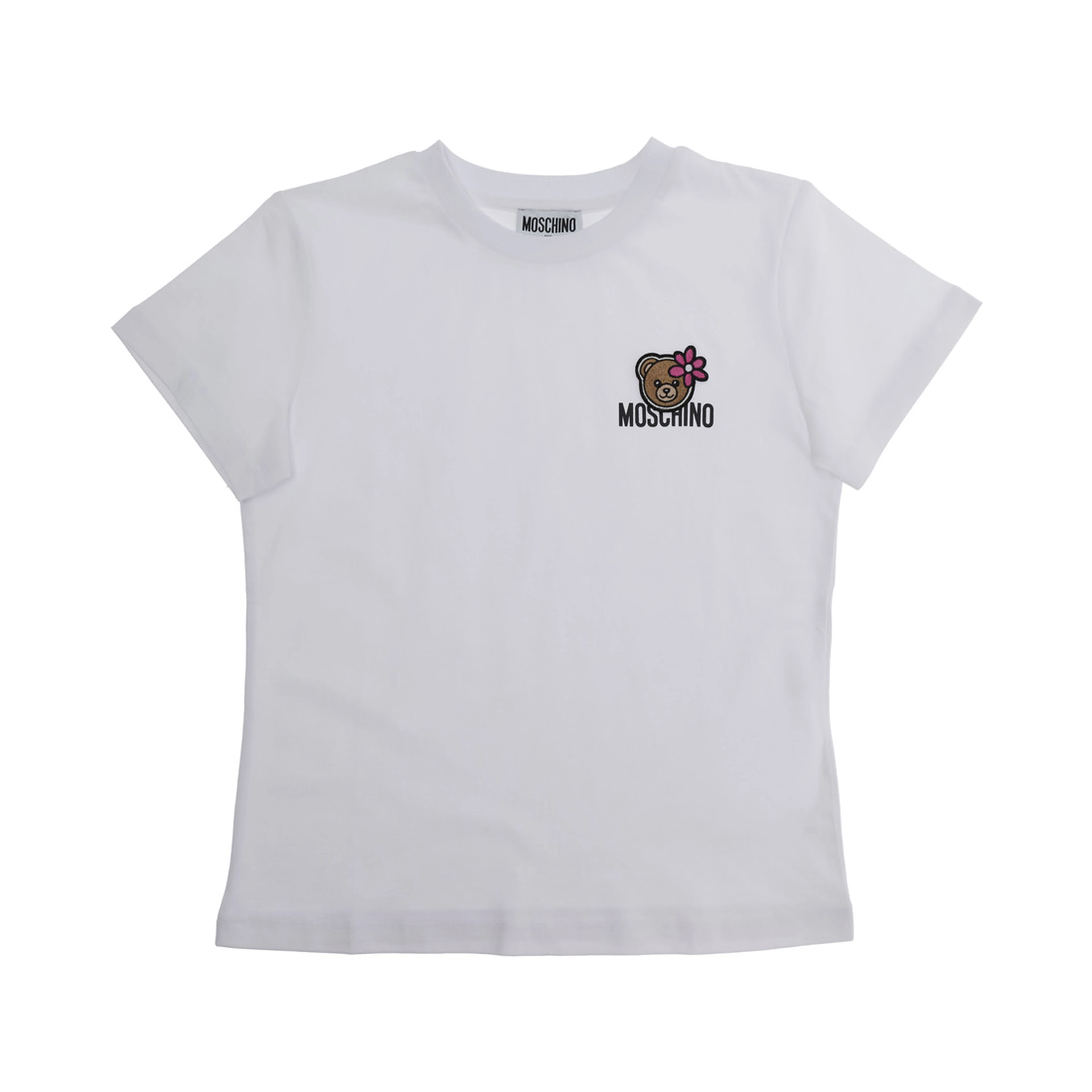 White Cotton Crew Neck T-Shirt with Front Logo for Girls