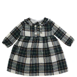 Green Dress with Long Sleeves and Tartan motif in Cotton for Girl