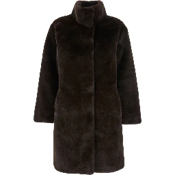 Brown High Collar Eco-Fur Coat with Long Sleeves for Women