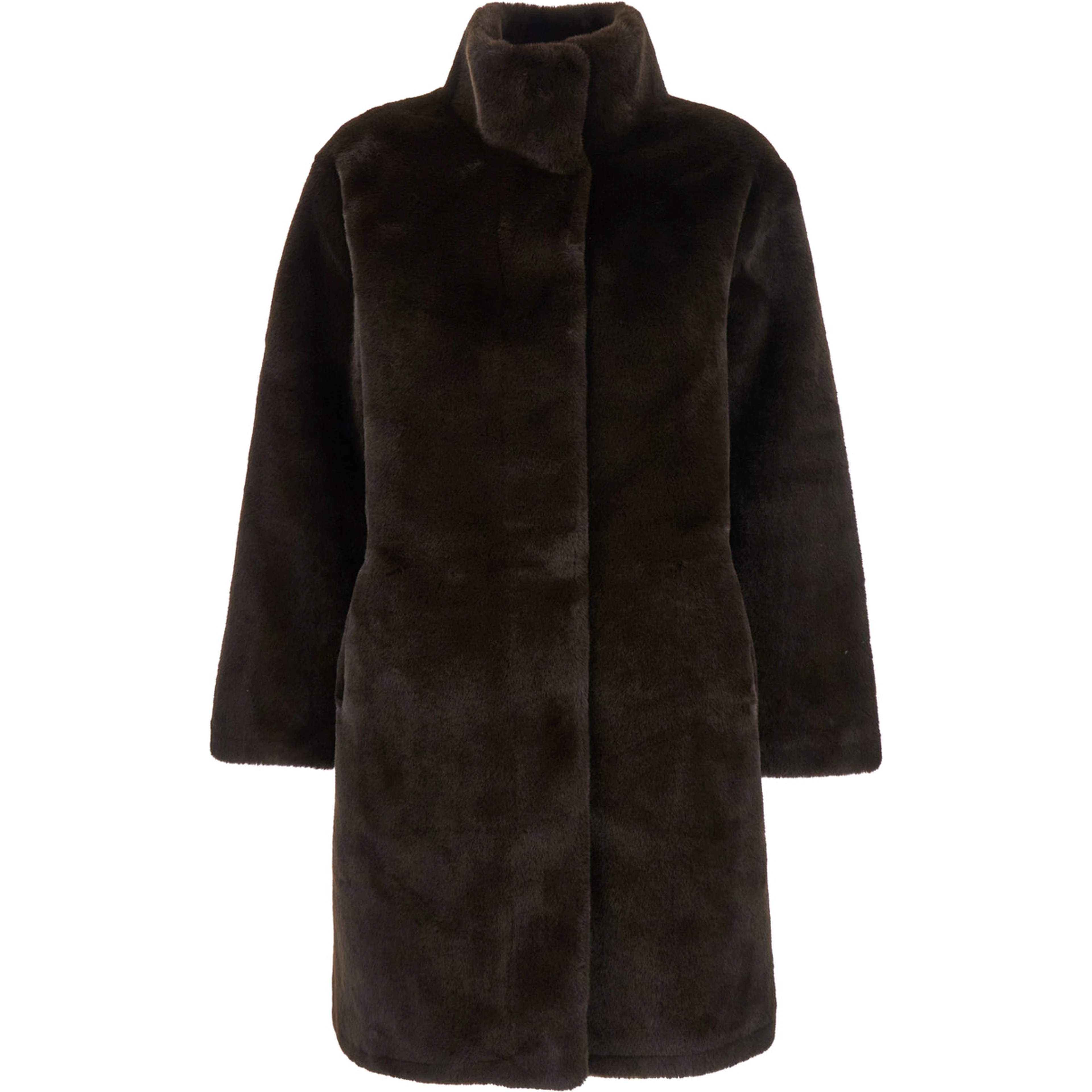 Brown High Collar Eco-Fur Coat with Long Sleeves for Women