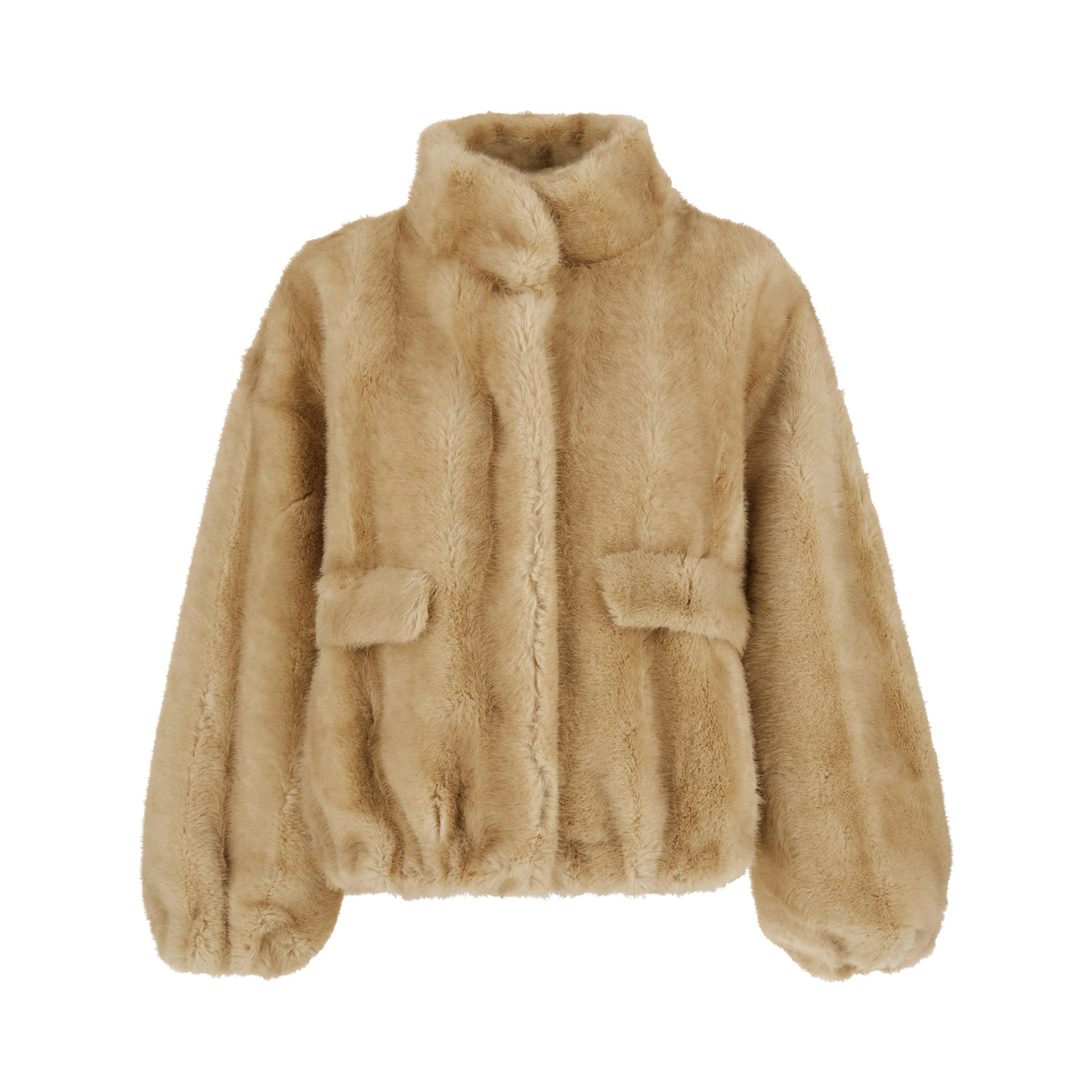 IRIS beige fur jacket with high collar in faux fur for women