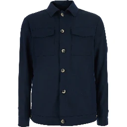 Blue Jacket with classic collar and two patch pockets on the front in fabric for men