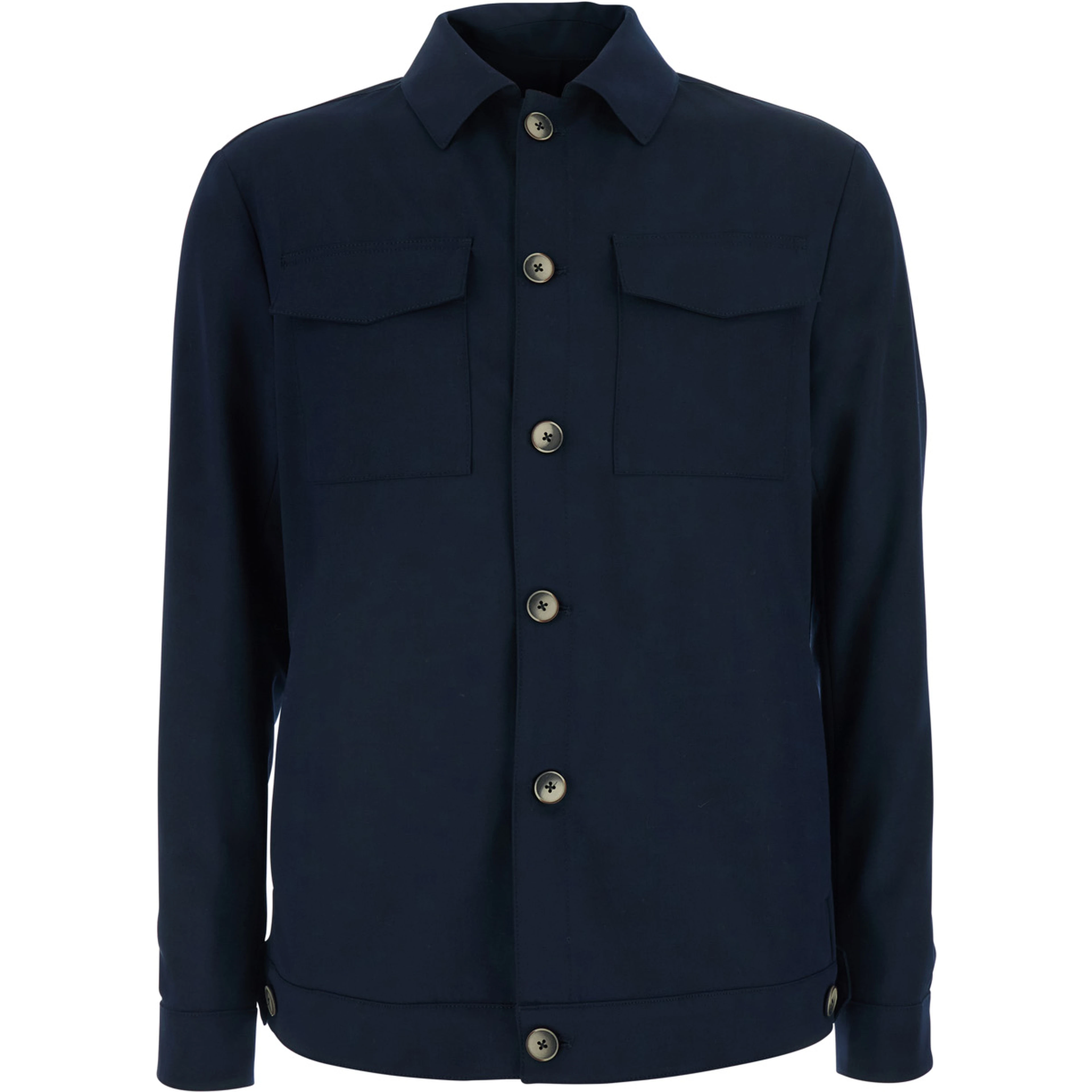 Blue Jacket with classic collar and two patch pockets on the front in fabric for men