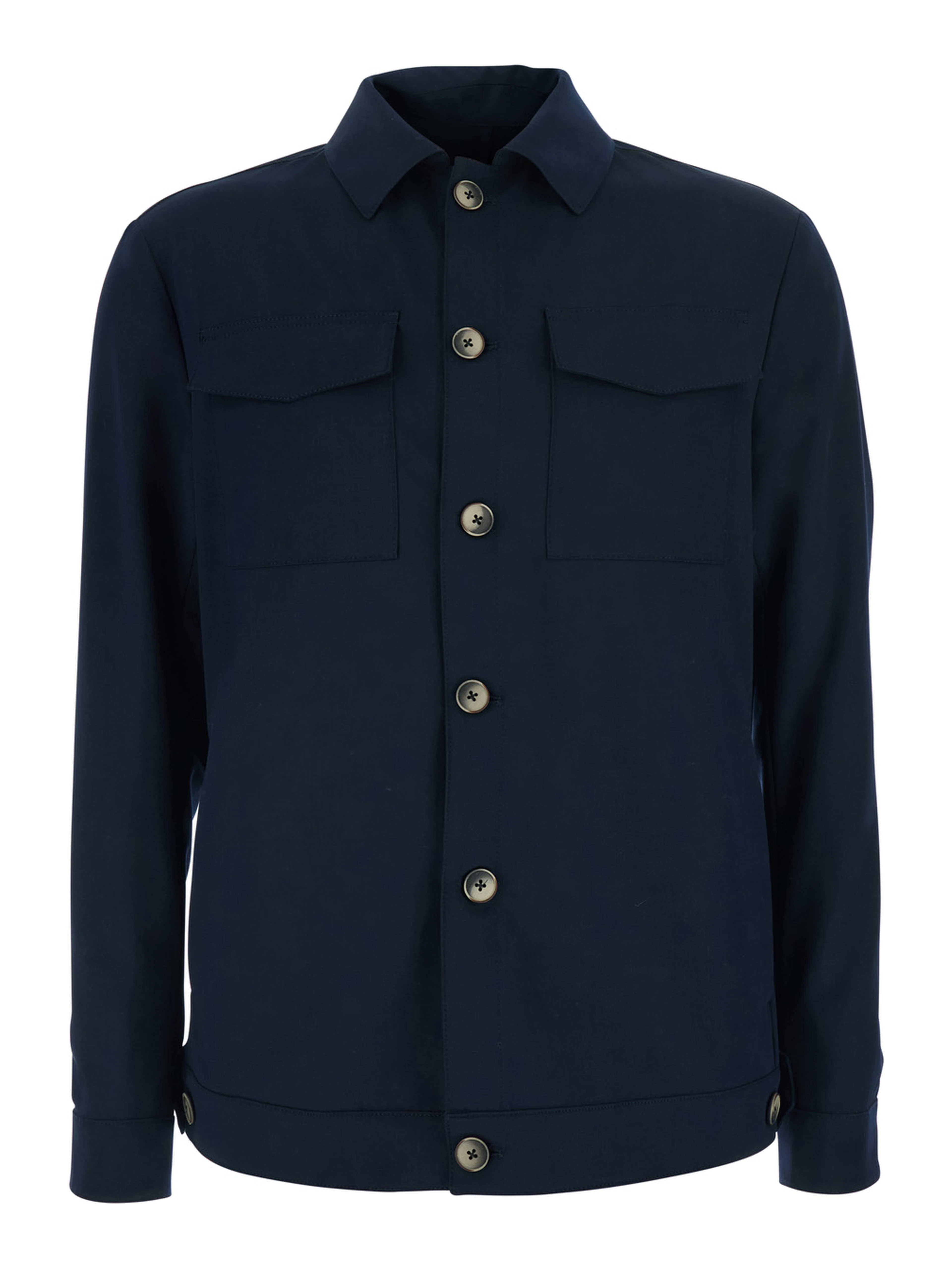 Blue Jacket with classic collar and two patch pockets on the front in fabric for men
