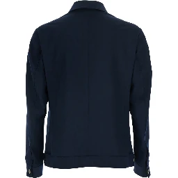 Blue Jacket with classic collar and two patch pockets on the front in fabric for men