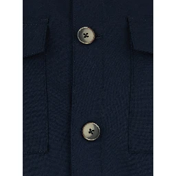Blue Jacket with classic collar and two patch pockets on the front in fabric for men