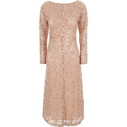 Pink Long crew neck dress with all-over lace embroidery in fabric for women