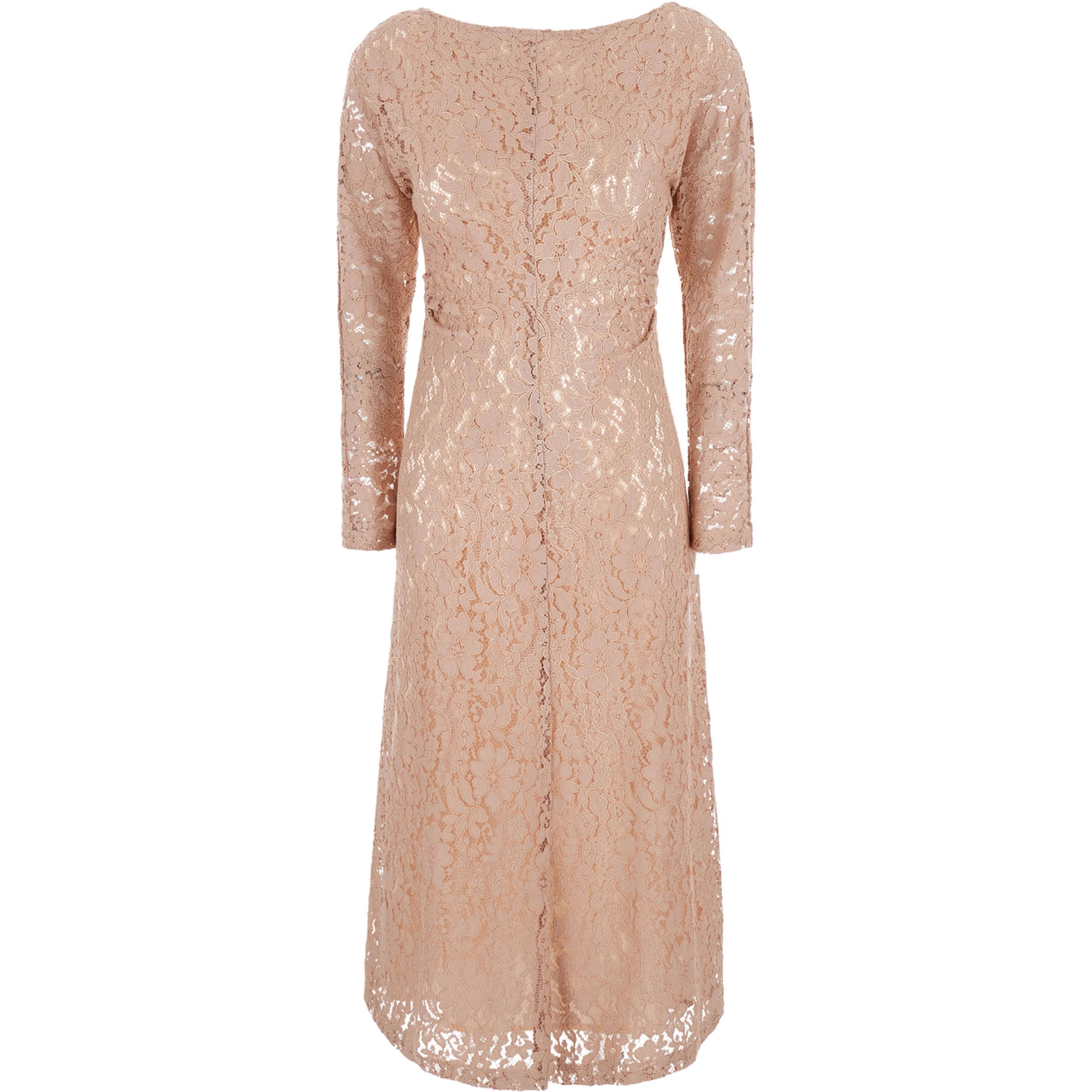 Pink Long crew neck dress with all-over lace embroidery in fabric for women