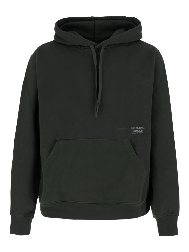 Green hoodie with drawstring hood and logo lettering on the front in cotton for men