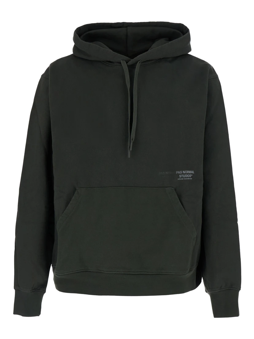 Green hoodie with drawstring hood and logo lettering on the front in cotton for men
