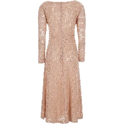 Pink Long crew neck dress with all-over lace embroidery in fabric for women