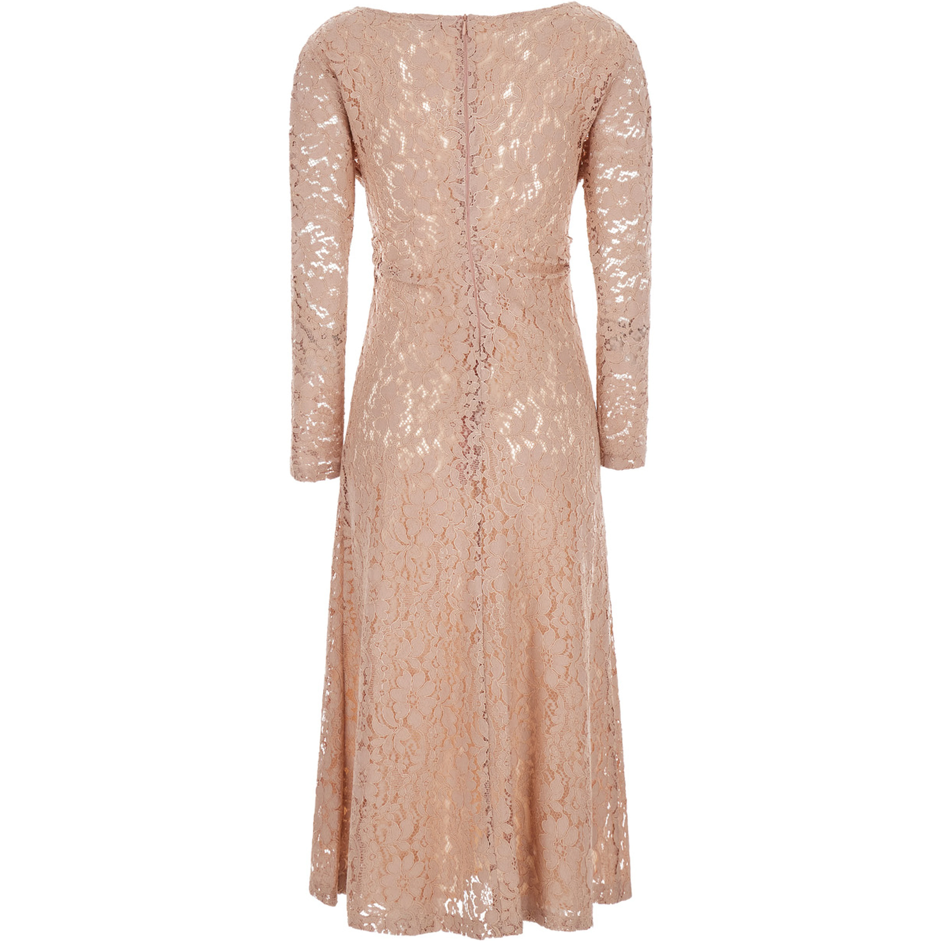 Pink Long crew neck dress with all-over lace embroidery in fabric for women