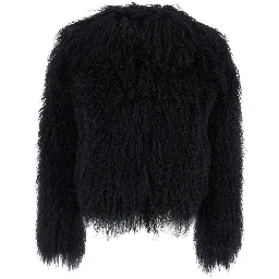Short Jacket in Tibet Fur with high collar and long sleeves in black for women