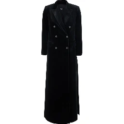 Black Long double-breasted coat with Peak revers in velvet for women
