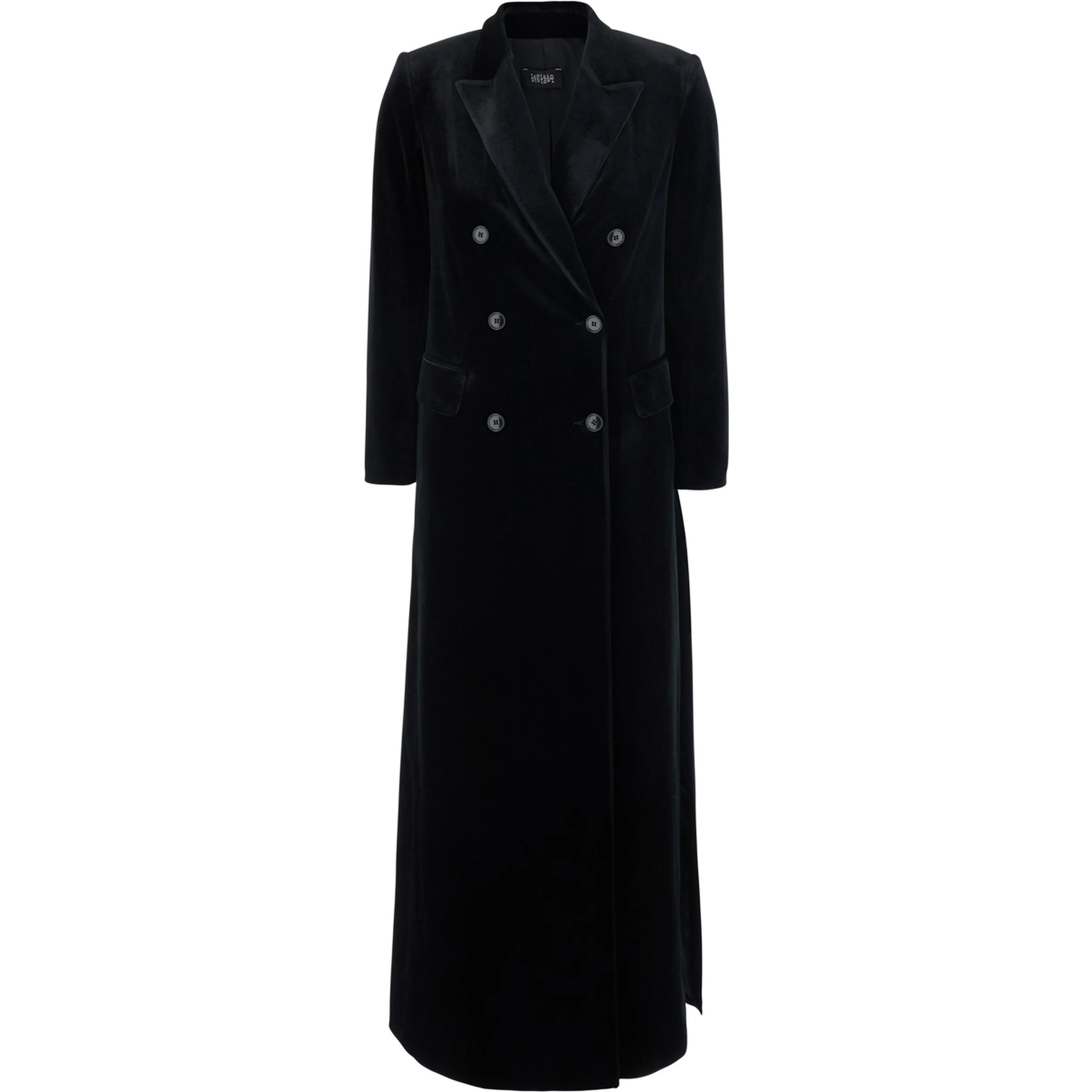 Black Long double-breasted coat with Peak revers in velvet for women