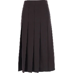 Brown Midi Skirt with Hiddden Side Zip Closure and Pleated Design in Tech Fabric for Women