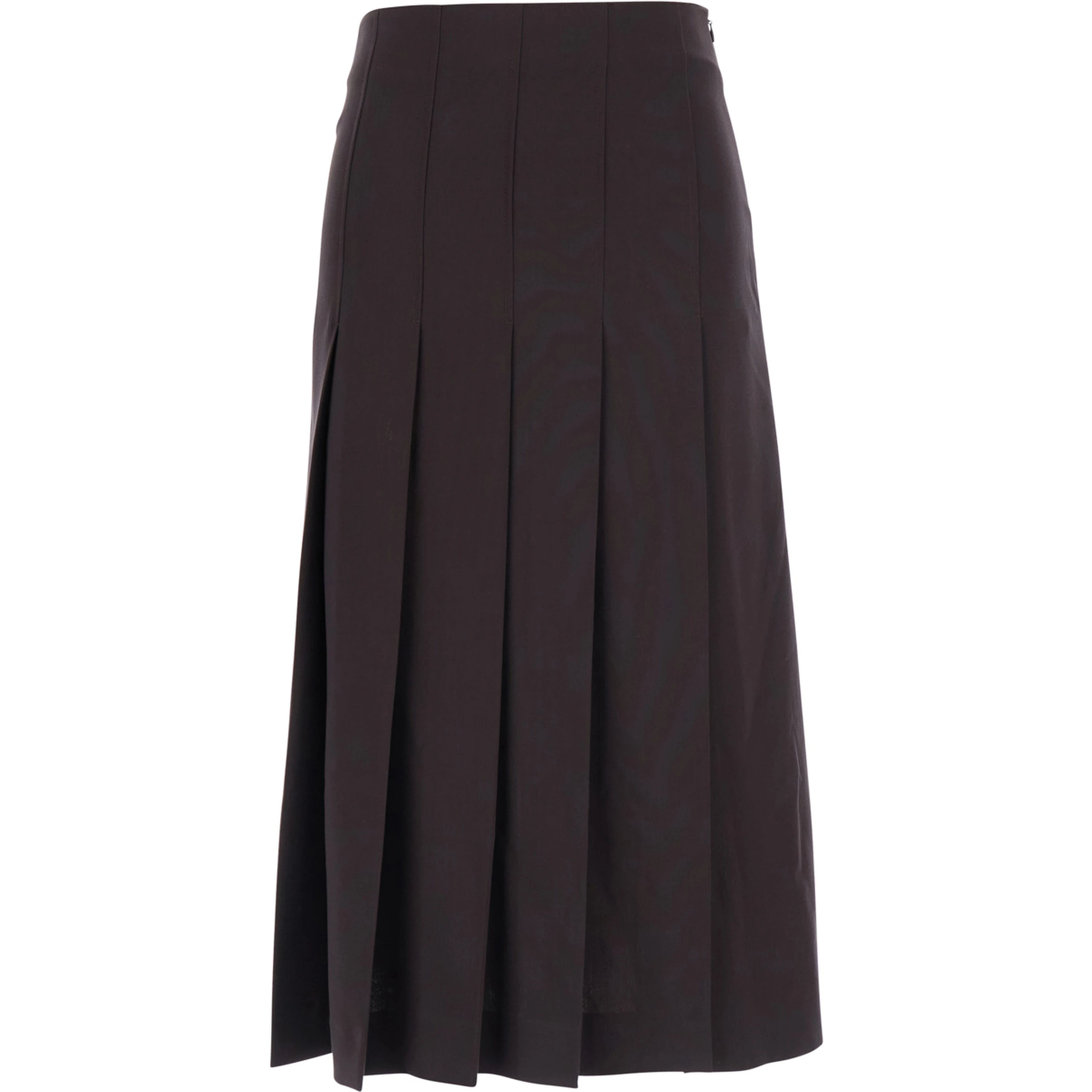 Brown Midi Skirt with Hiddden Side Zip Closure and Pleated Design in Tech Fabric for Women