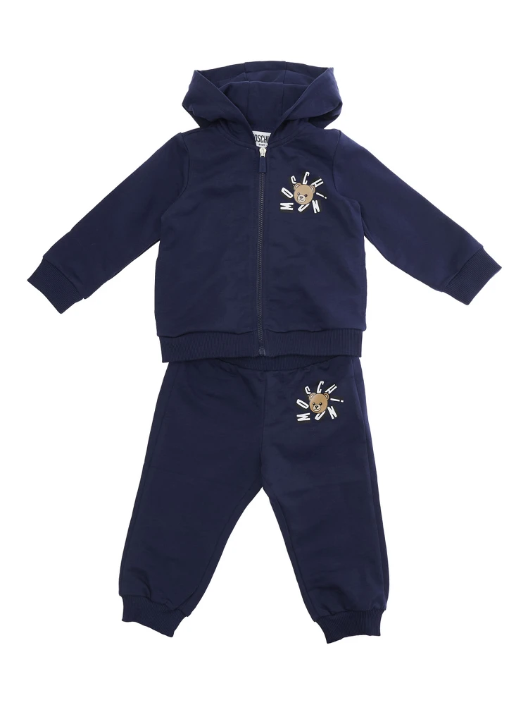 Blue Tracksuit with Fixed Hood and Front Print in Baby Cotton