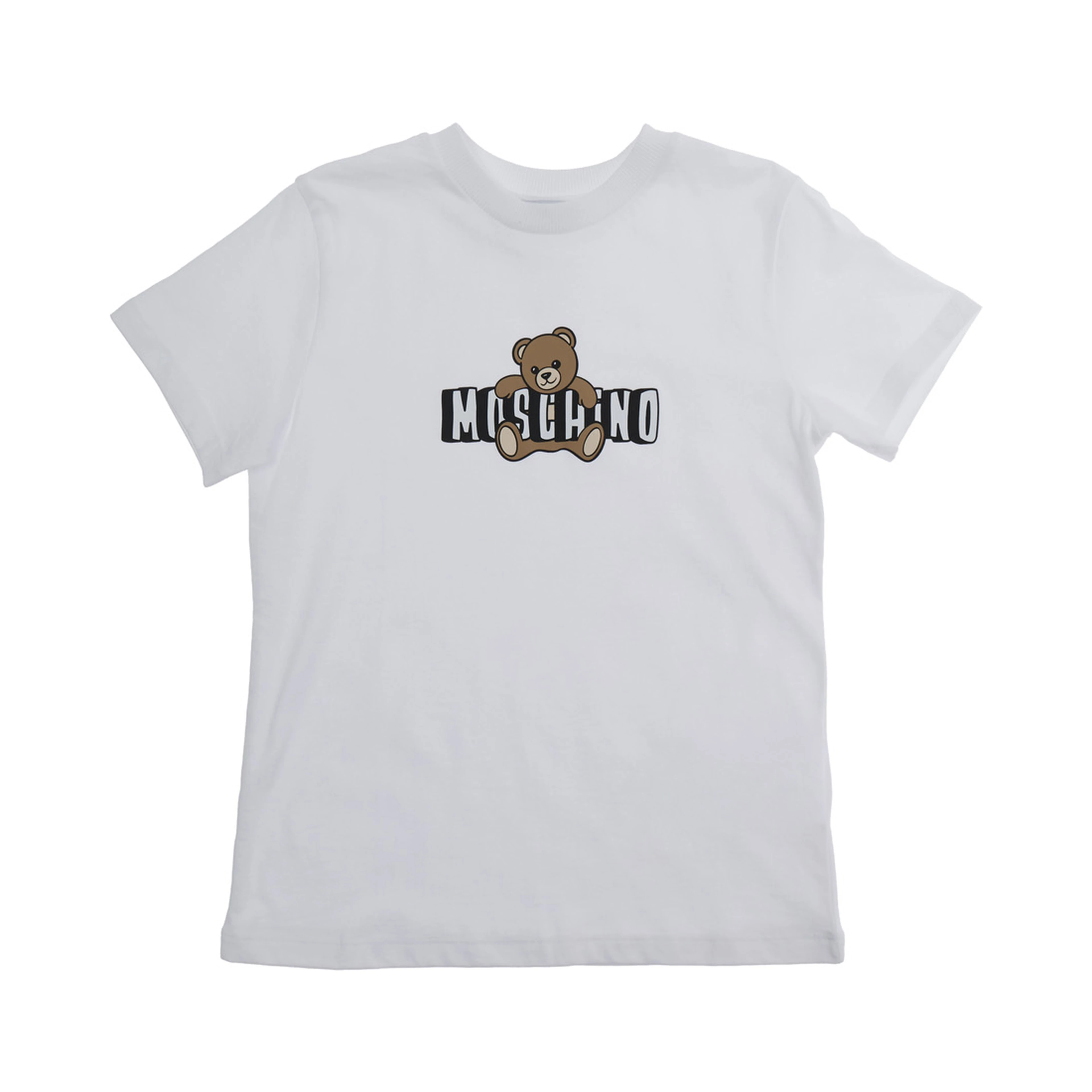 Crew Neck T-Shirt MOSCHINO KIDS with Logo Print on Front in White Cotton for Kids