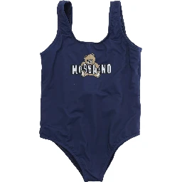 One-Piece Swimsuit Logo with Square Neckline and Logo Print on Front in Tech Fabric Blue Girl