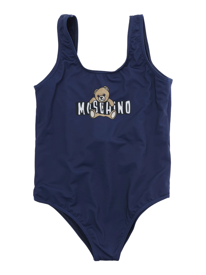 One-Piece Swimsuit Logo with Square Neckline and Logo Print on Front in Tech Fabric Blue Girl