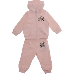 Hooded Jumpsuit with Fixed Hood and Front Print in Baby Pink Cotton