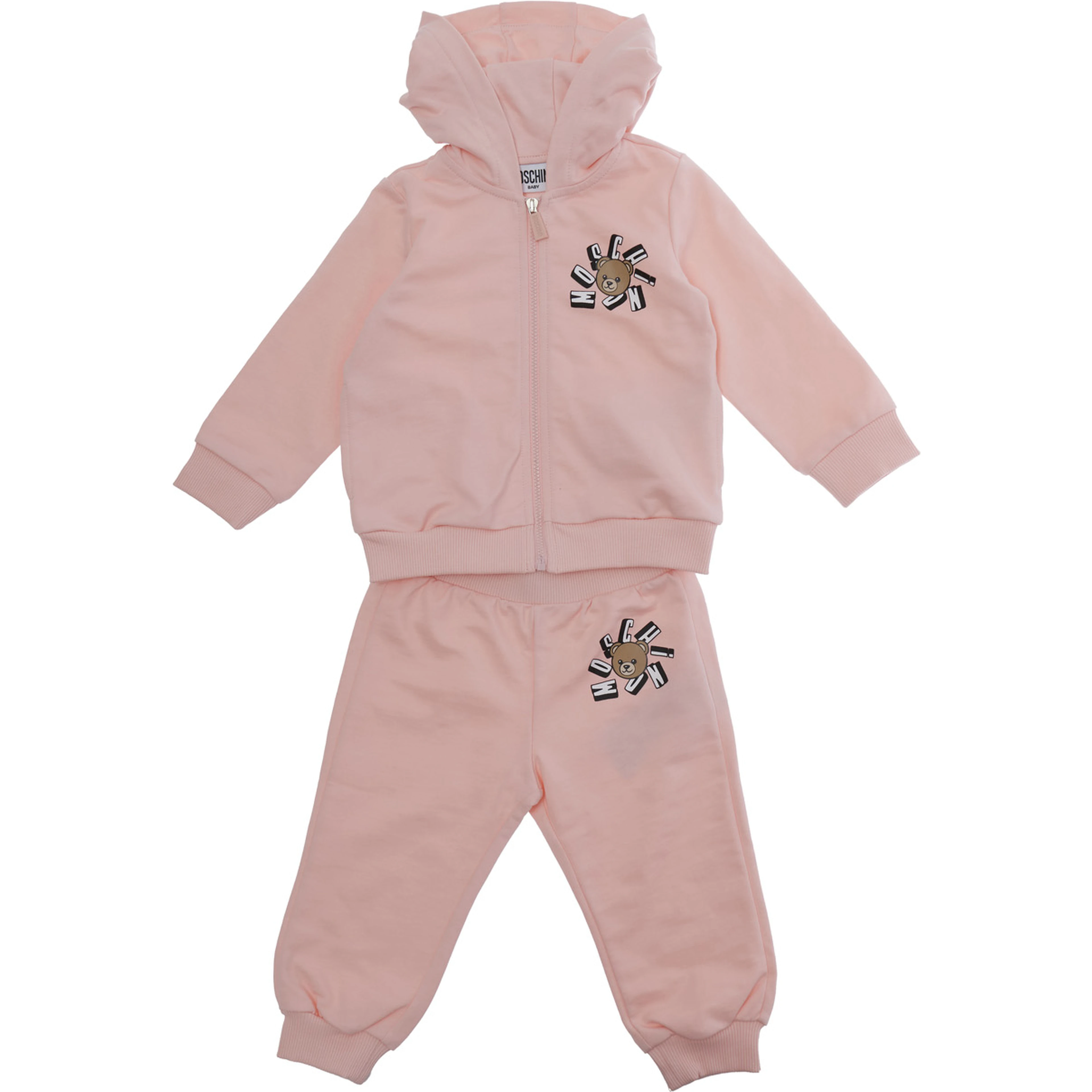 Hooded Jumpsuit with Fixed Hood and Front Print in Baby Pink Cotton