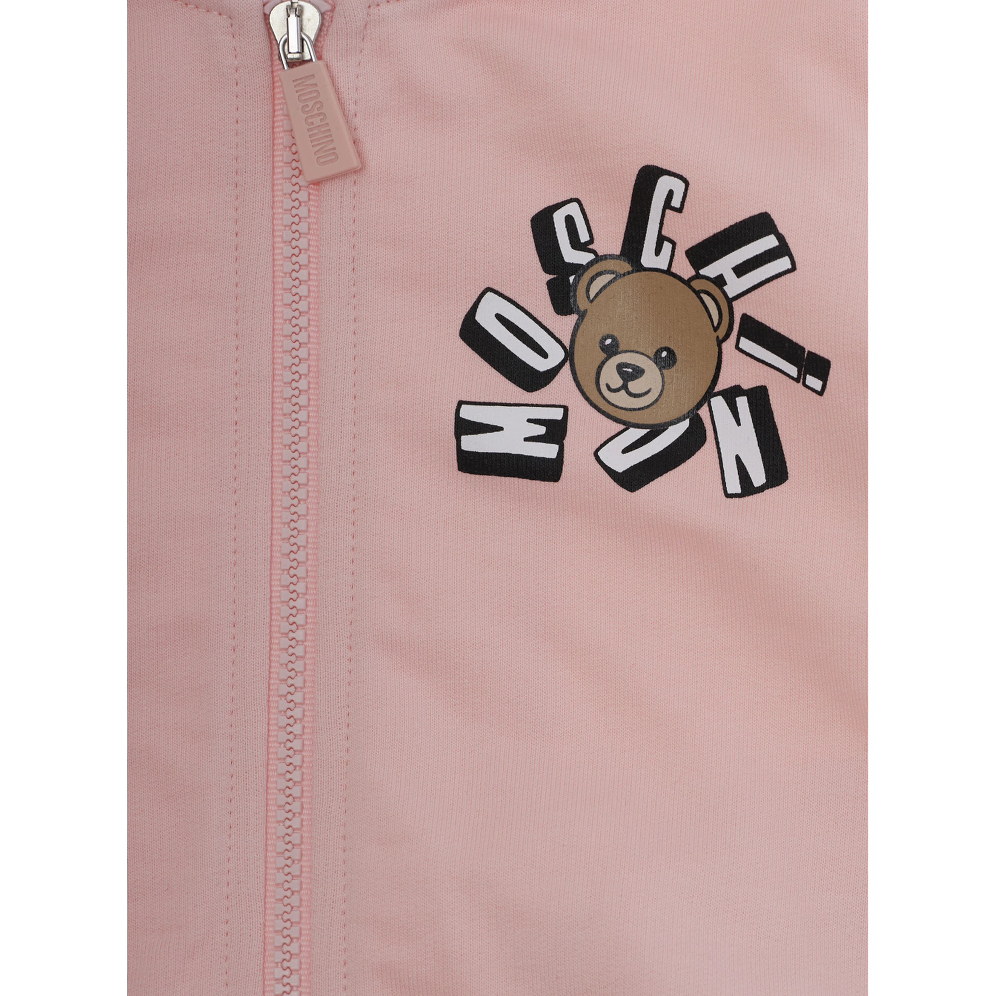 Hooded Jumpsuit with Fixed Hood and Front Print in Baby Pink Cotton
