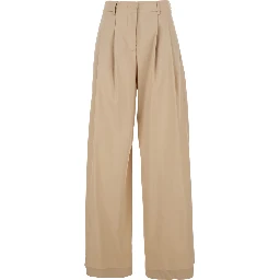 Beige Trousers with Front Pleats and Wide Leg in Cotton Woman