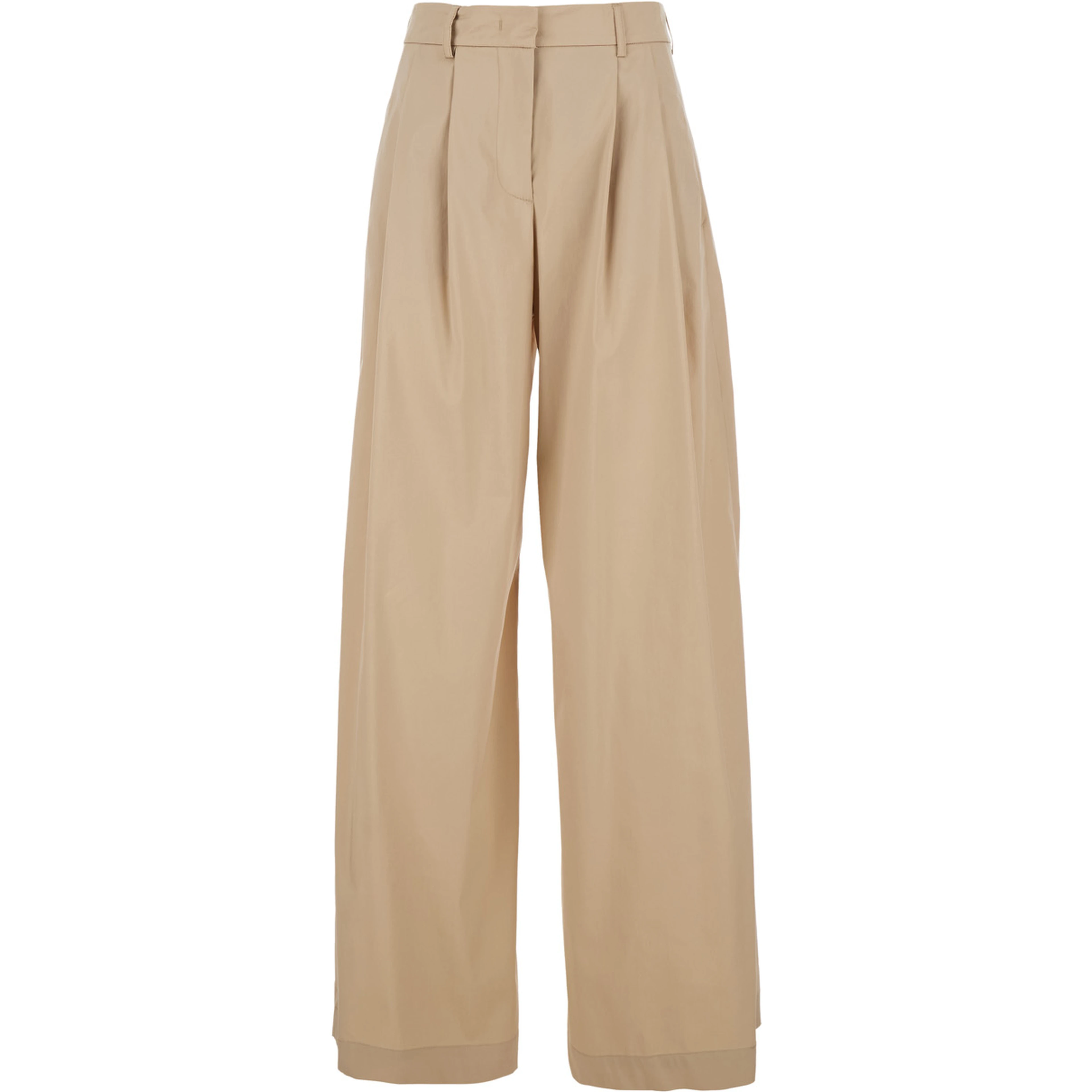 Beige Trousers with Front Pleats and Wide Leg in Cotton Woman